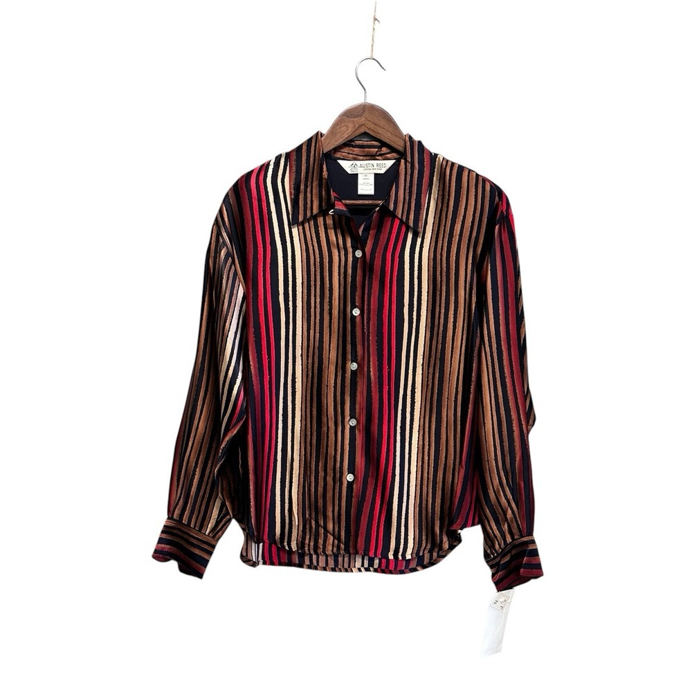 Austin Reed Button Up Shirt Women's Size 10 100% Silk Striped Long Sleeve Satin